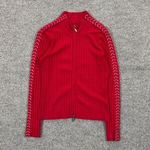 Y2K Red Cardigan Ribbed Knit Mock Neck Sweater Women’s XS/S Braided Woven Trim